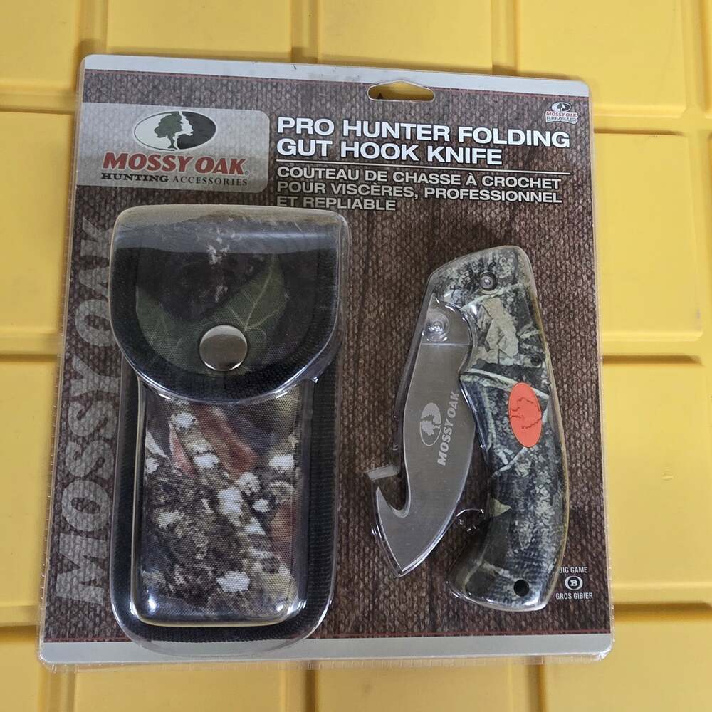 Mossy Oak Pro Hunter Folding Gut Hook Knife 3" 440A Camo Handle Sheath New